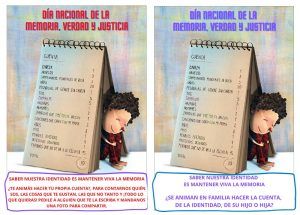 flyers compartidos con las familñias para el día de la memoria, verdad y justicia